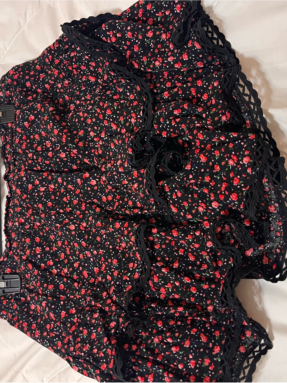 Black Floral Ruffle Skort For Women with Red Rose Print